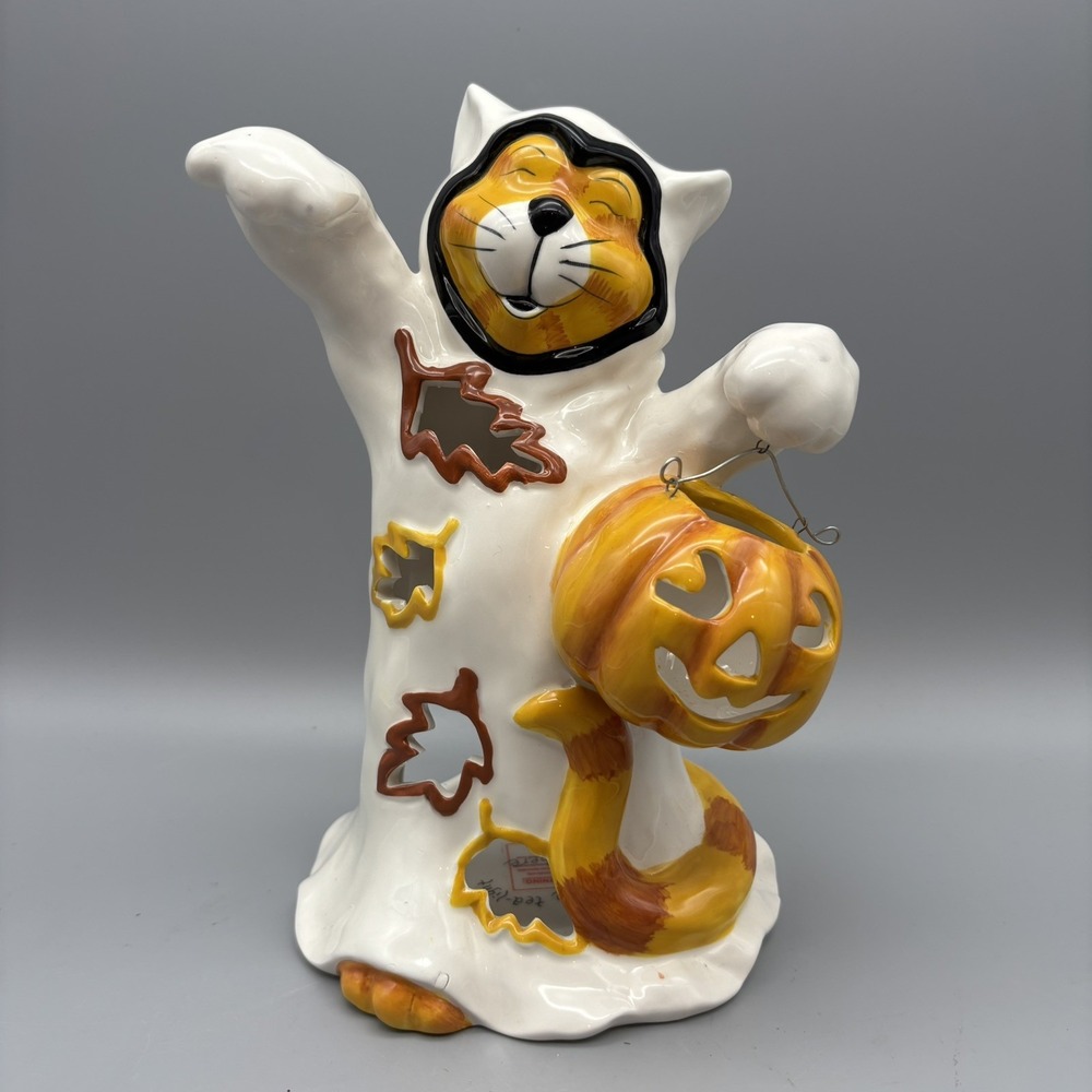 Ghost Cat Lantern Heather Goldminc Blue Sky Clayworks Halloween White Ceramic 9"